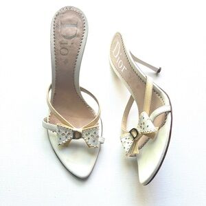 Vintage Christian Dior John Galliano White “D” Bow Sandal Heels